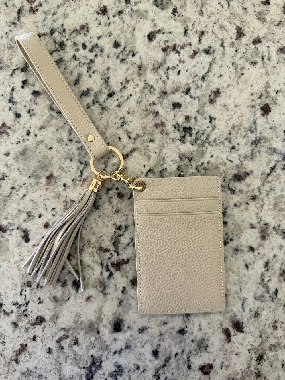 Beige Leather Tassel Card Holder Wristlet